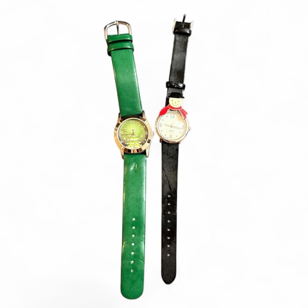 Christmas Holiday Watch Set Snowman and Christmas Tree Green Black Straps
